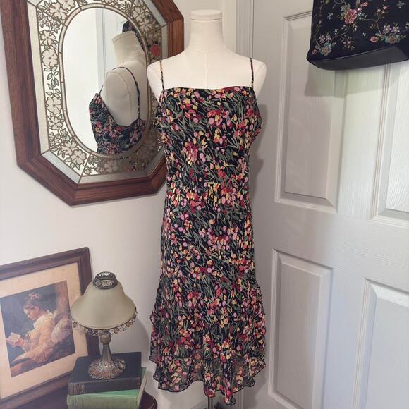 VTG Y2K Lily Black & Multicolor Ditsy Floral Ruffled Hem Cami Midi Dress L/M - Picture 1 of 7